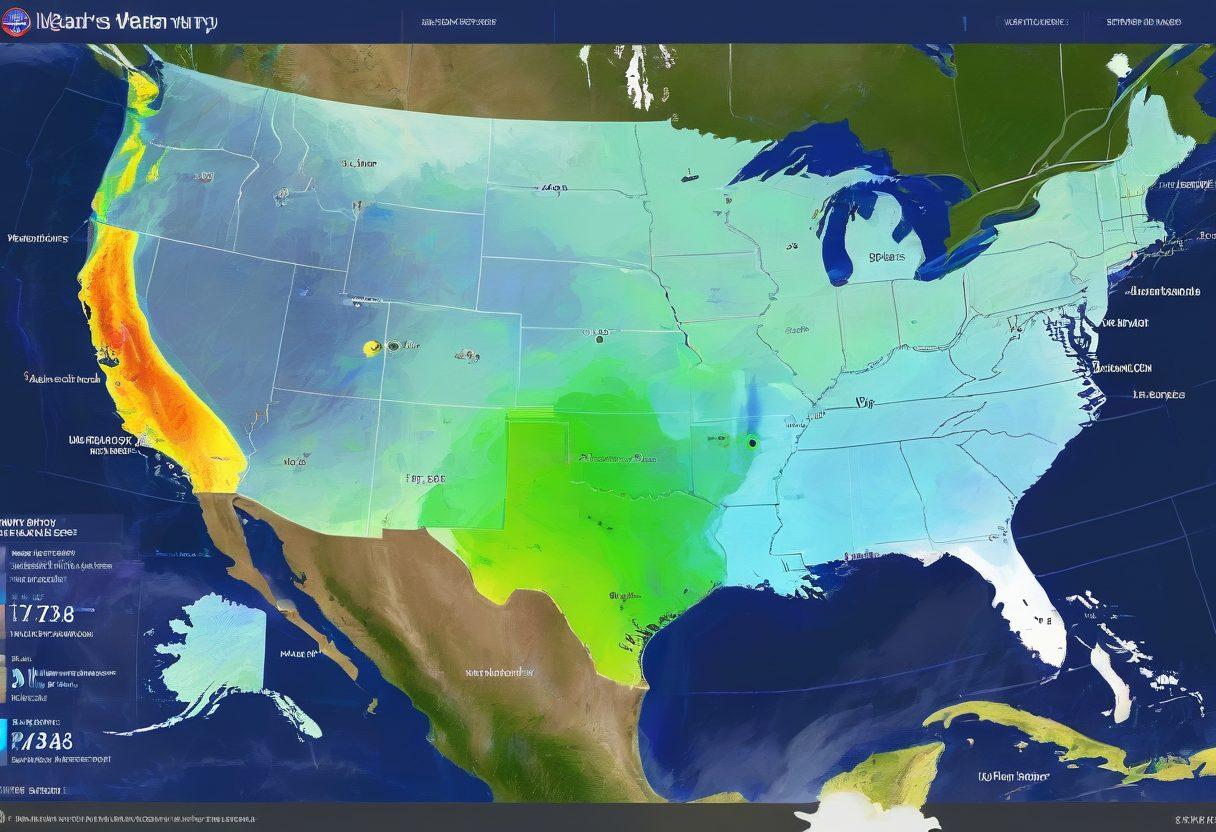 A dynamic weather map of the United States with colorful real-time radar data showcasing different weather patterns, such as a tornado, thunderstorms, and clear skies. People using mobile devices and laptops to check the weather updates. Subtle icons indicating relevant weather phenomena. Infographic style with vibrant colors.