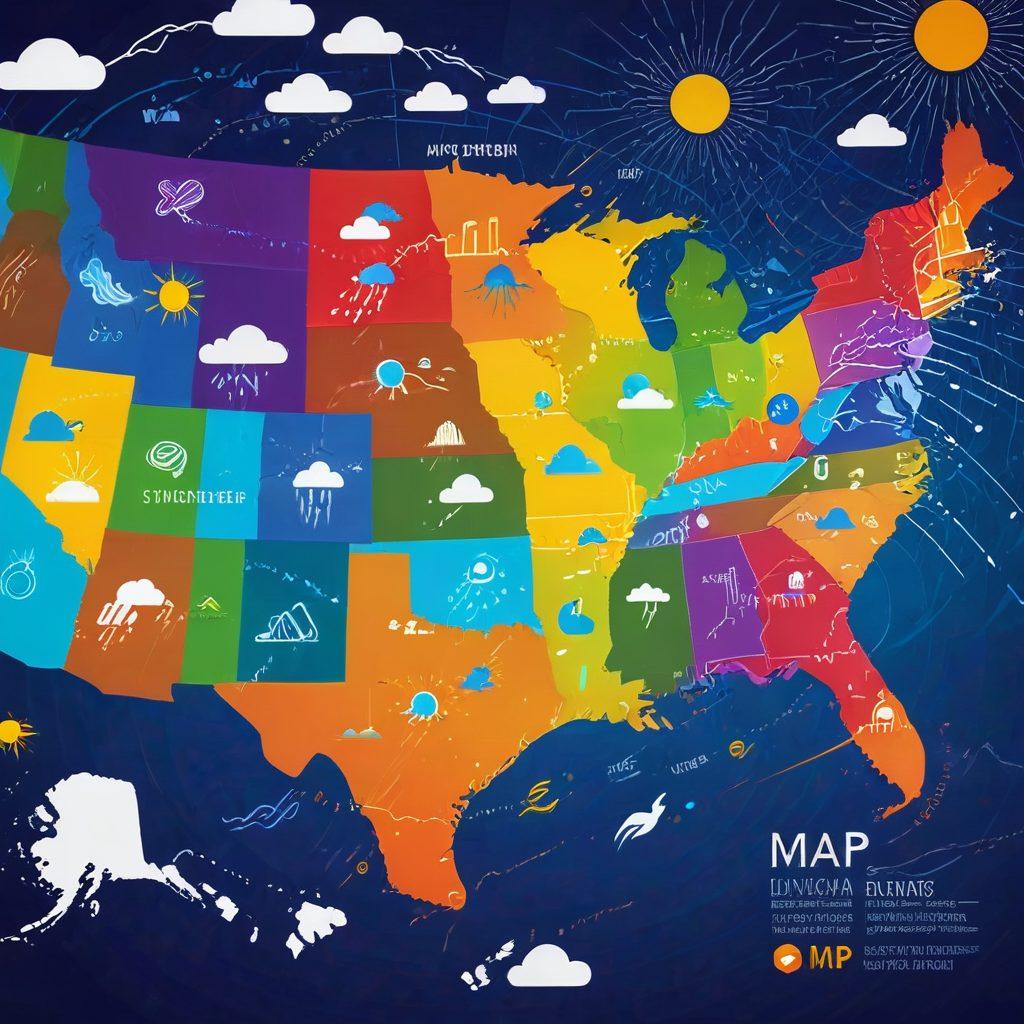 A dynamic map of the United States lit up with weather icons such as thunderstorms, rain, and sunshine. Overlay real-time weather alert notifications popping up, with a focused vibrant radar scanning in action. Underneath, people are using smartphones and tablets, indicating engagement with live updates. super-realistic. vibrant colors.