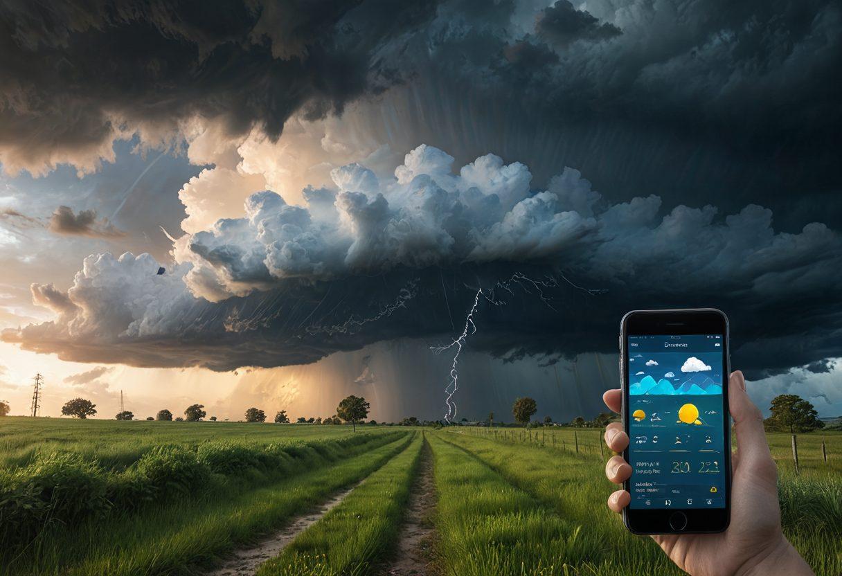 A dynamic landscape illustrating the transition from a bright sunny day to a menacing storm sky, with a state-of-the-art weather radar and forecast icons floating above. Include a smartphone showing a weather app update in one corner. Super-realistic. Vibrant colors.